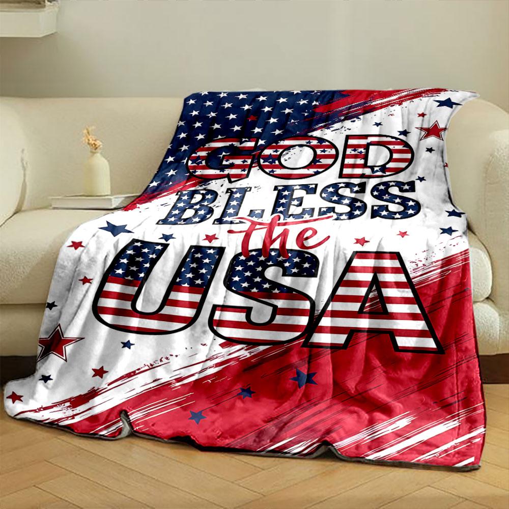 Patriotic design featuring stars, stripes, and "God Bless the USA" text. for all seasons blanket lunch break throw gift