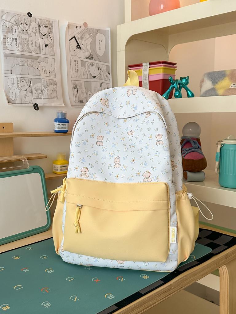 Schoolbag milky white fresh floral cute bear patchwork student backpack for students and healing style gentle bestie travel mini backpack