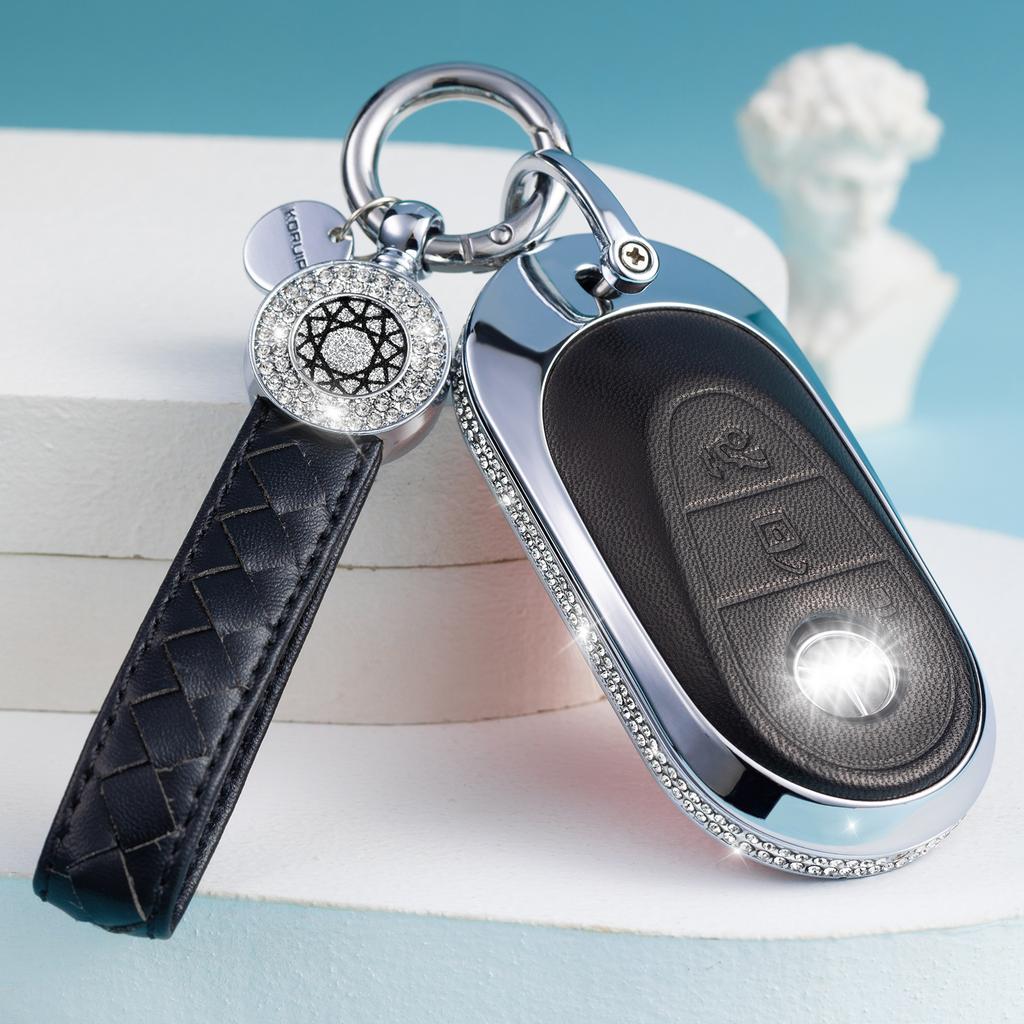 Compatible with Mercedes Benz Key Fob Cover with Keychain, Pink Genuine Leather Crystal Key Case Protection Shell Fit for 2020