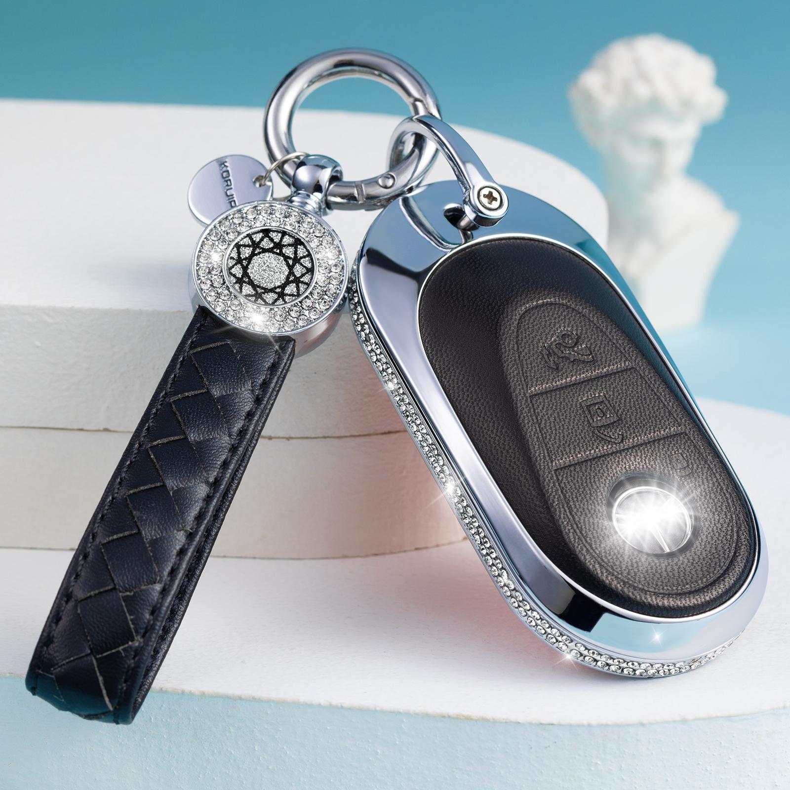 

Совместимый с чехлом для брелока Mercedes Benz с брелоком, Розовый натуральный кожаный кристальный чехол для ключей Защитная оболочка Подходит для 2020 чёрный