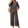 Women's Casual Two-Piece Outfit Set Color 3/4 Sleeve Button Front Top with Wide Leg Pants for Everyday Wear