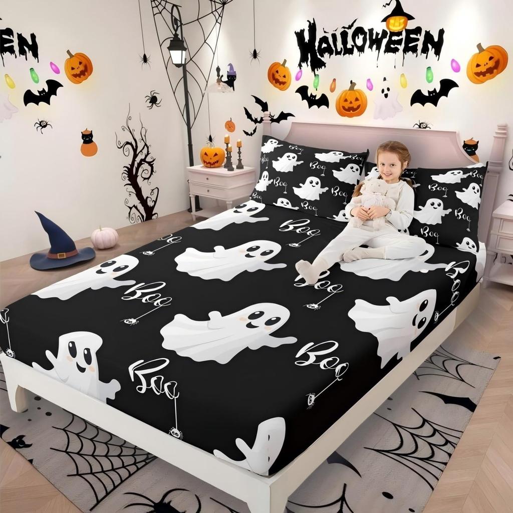 Gothic Spooky Bedding Set Pumpkin Lantern Cute Halloween Bed Sheets for Kids Boys Teens,Ghost Spiderwebs Fitted Sheet Black Cat Cobwebs Bats