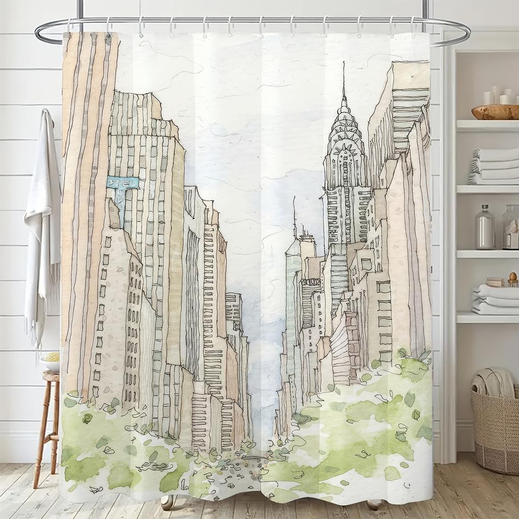Vintage Urban Cityscape Bath Curtain - Modern Skyline & Greenery Design, Polyester, Machine Washable, Includes Hooks