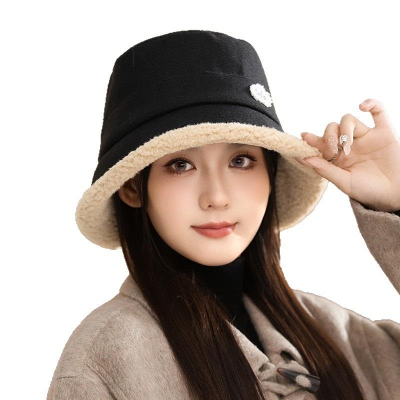 Winter hat women's velvet bucket hat large brim showing face small bucket hat cold and warm temperament basin hat