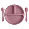 3PCS Baby Silicone Feeding Dishes Plate Children Plate Sucker Feeding Bowl Wood Fork Spoon Set Toddler Training Tableware