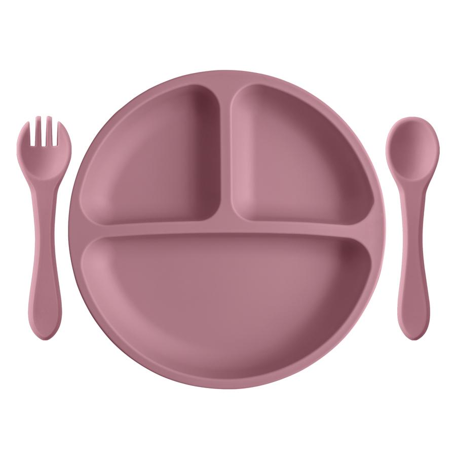 3PCS Baby Silicone Feeding Dishes Plate Children Plate Sucker Feeding Bowl Wood Fork Spoon Set Toddler Training Tableware