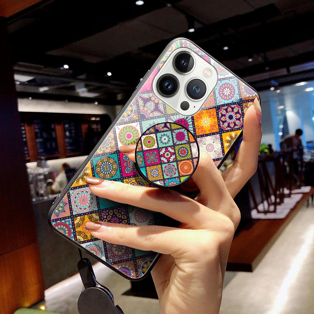 For iPhone 15 Pro Tempered Glass+PC+TPU Kickstand Case Flower Pattern Phone Cover with Lanyard