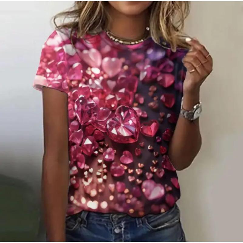 Summer New Women's Loose Shirt, Water Drop Pattern Printing Round Neck Short Sleeves