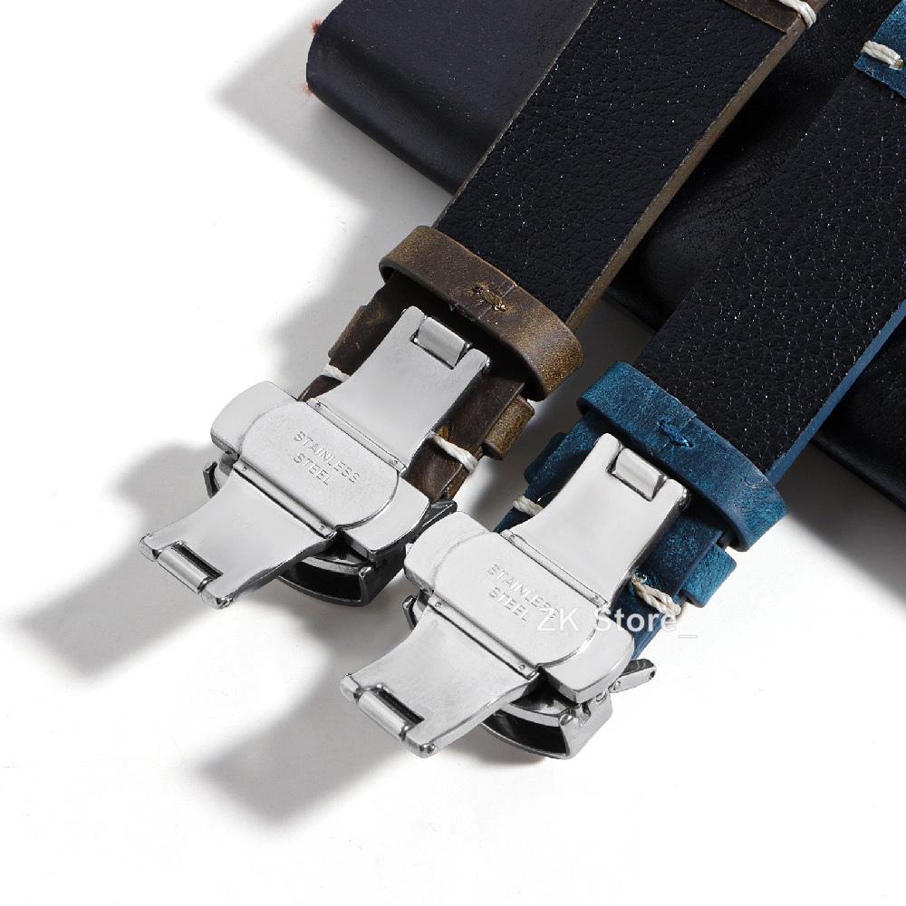 Echtes Kalbsleder Uhrenarmband 18 20 21 22 24mm Armband Ölwachs Steppung Rindsleder Ersatzarmband Butterfly-Schließe Band