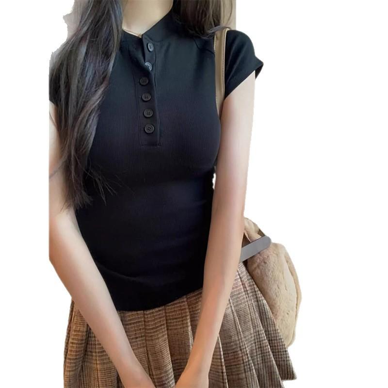 Summer V-neck Button-up Henry Shirt Short Front Shoulder T-shirt Women's Niche Simple Design Slim-fitting Versatile Top Ins
