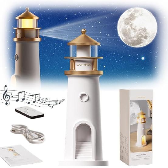 Lighthouse Moon Lamp Projector, LED Night Light with Remote Control, Lunar Projection, Adjustable Brightness, Timer, and Bluetooth Speaker for