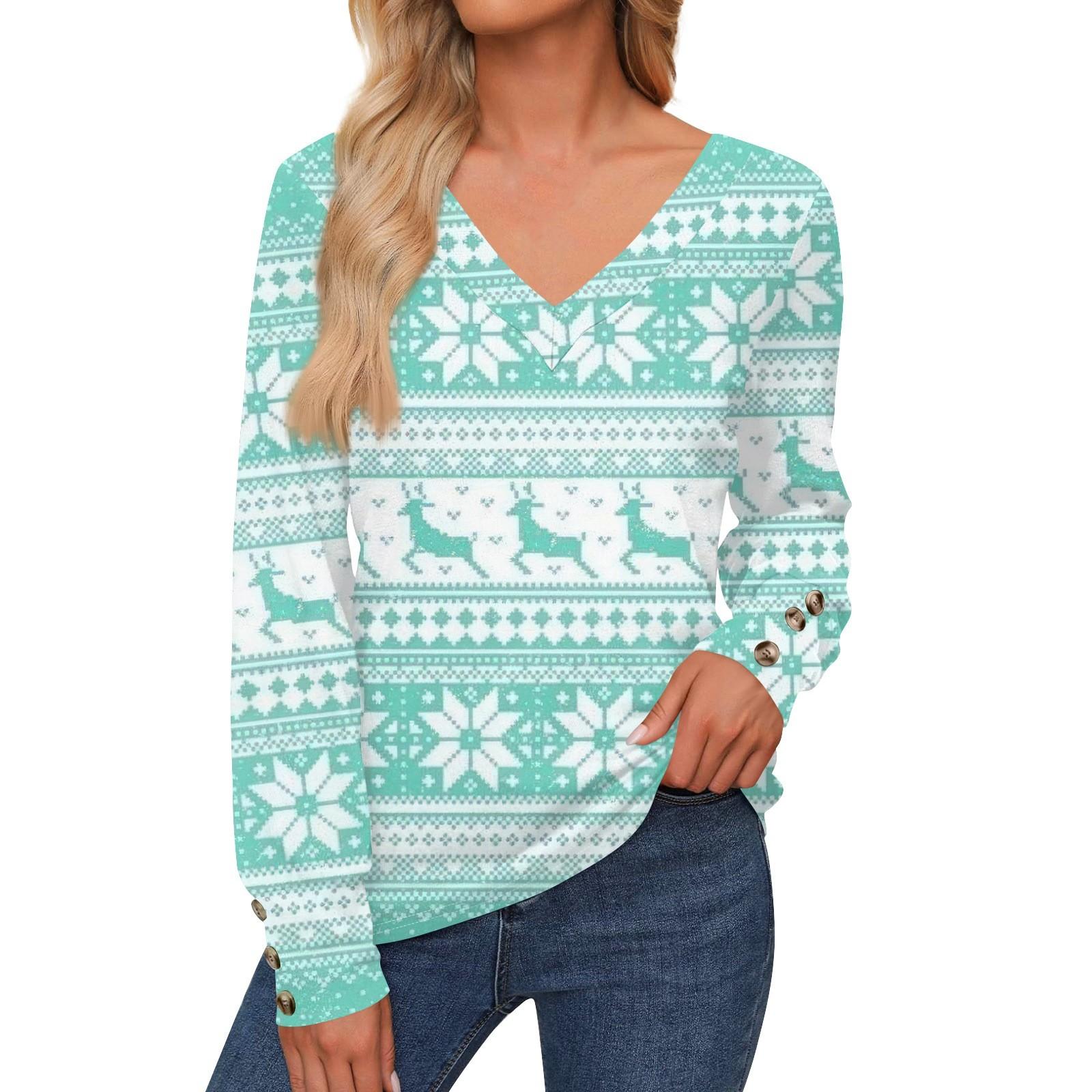 

Жіноча повсякденна модна різдвяна сніжинка, довгі рукави, манжети, сорочка на ґудзиках, V-подібний виріз, повсякденна вільна футболка, осінній одяг M ціан