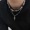European and American Pearl Double-layer Cross Necklace, Retro Stars Stacked Wearing Niche Men's Collarbone Chain
