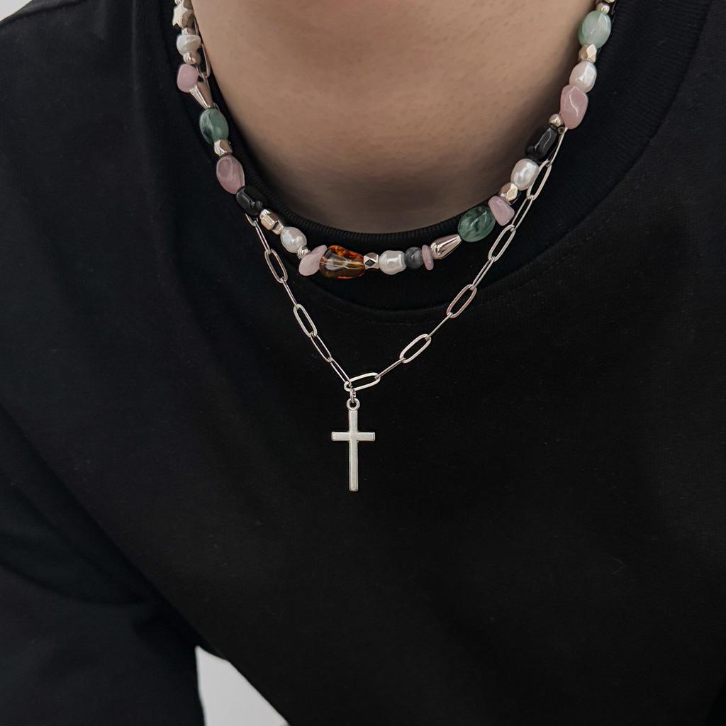 European and American Pearl Double-layer Cross Necklace, Retro Stars Stacked Wearing Niche Men's Collarbone Chain