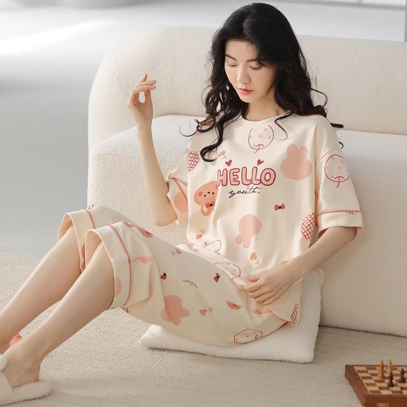 Summer Pure Cotton Pajamas Women's Pullover Sweet Casual Short-sleeved Cropped Pants Can Be Worn Outside Loungewear Student Dormitory Set
