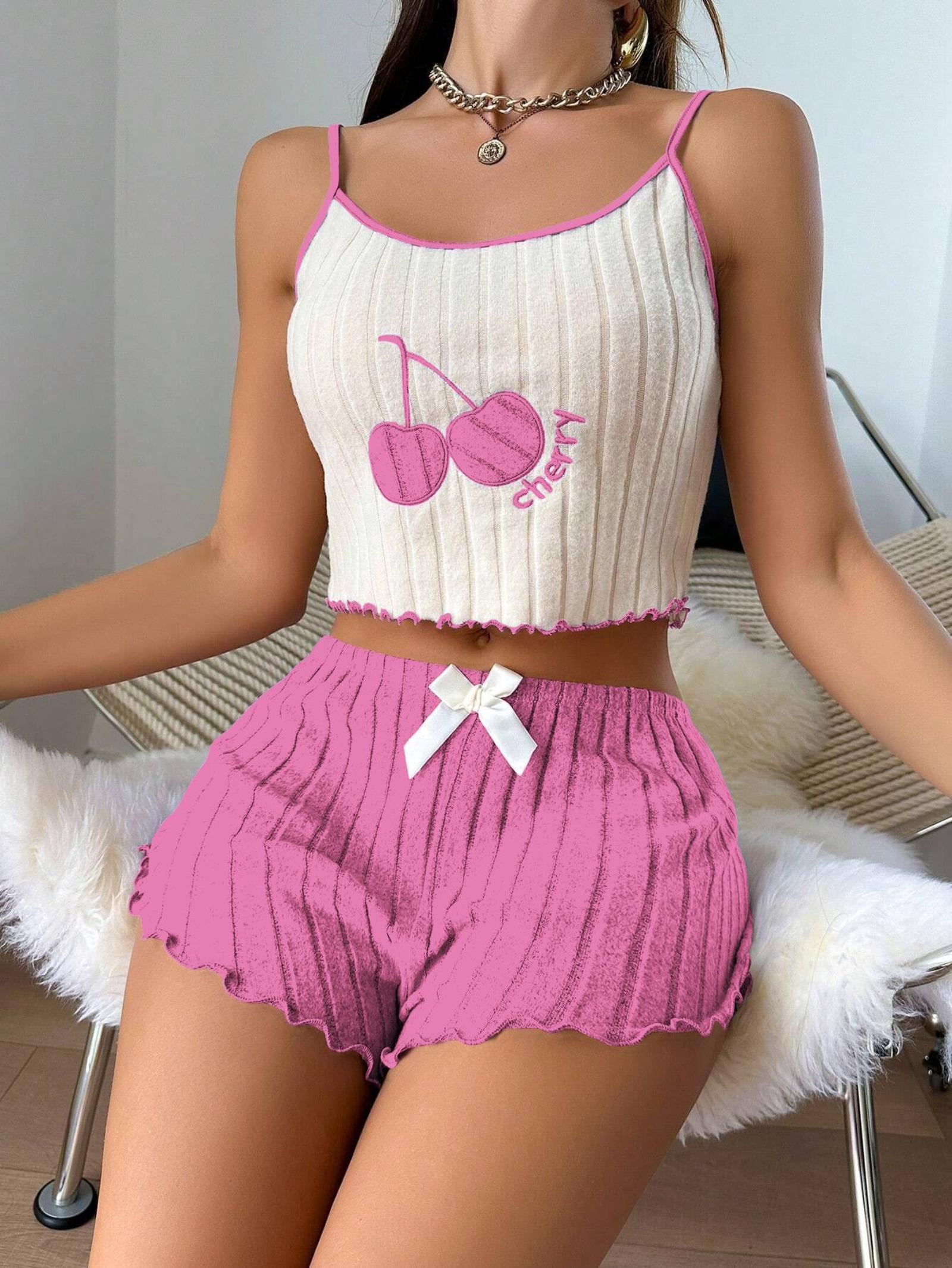

European & American Embroidered Nightwear Set For Women Brushed Tank Top & Shorts Set Loungewear L рожевий
