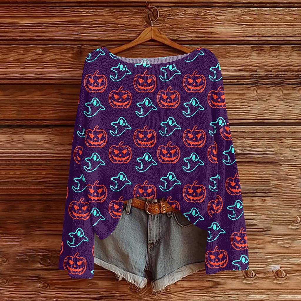 Womens  Fall Sweaters Long Sleeve Print Tops Pullover Sweaters Loose Dressy Casual Basic Clothes