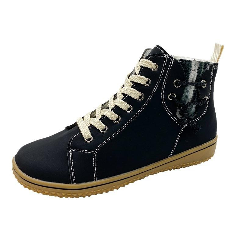 Large size Martin boots women's round head flat bottom autumn and winter lace-up zipper short boots velvet cotton shoes