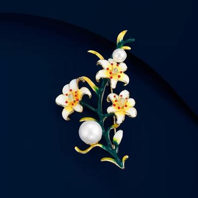 Parfüm Lilie Emaille Perlenbrosche, Hochwertige Damen Luxuriöse und Elegante Lilien-Korsage, Feste Kleidernadel