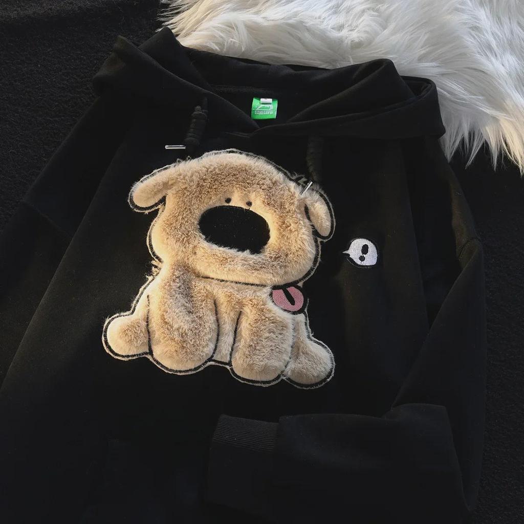 Women's Autumn Casual Furry Puppy Embroidered Pullover Hoodie - Loose Fit, Long Sleeve, Couple's Style