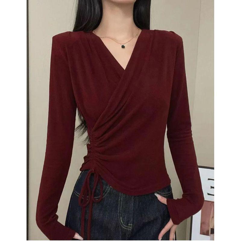 Plus Size Autumn 2025 V-Neck Cross Design Long Sleeve Slimming Women s Top Small красный