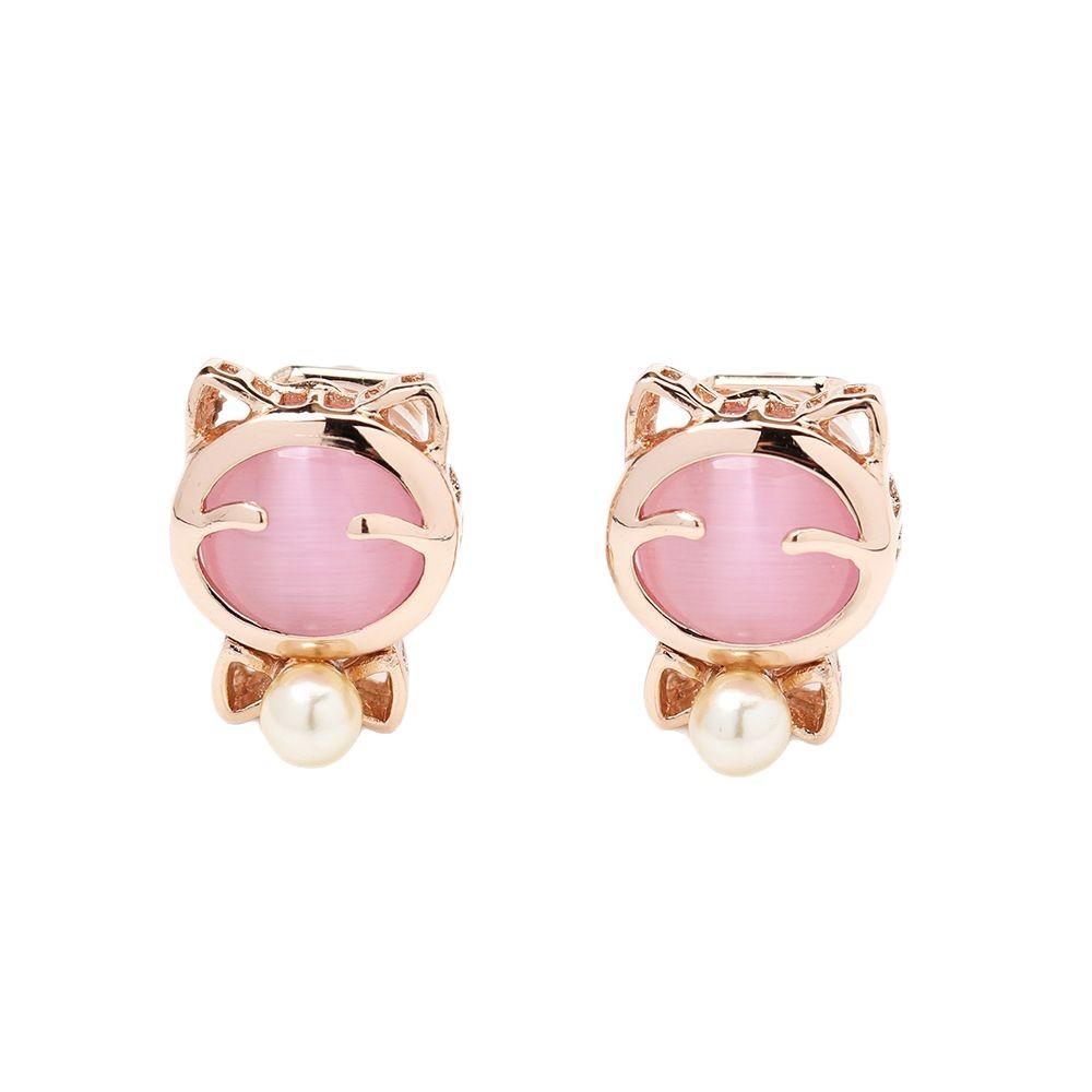 Cute and versatile cartoon gold-plated cat stud earrings artificial cat's eye stone powder white two-color ear clip no ear piercing earrings for women