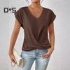 Damen-Oberteile, V-Ausschnitt, kurze Ärmel, T-Shirt mit Falten-Design, einfarbig, lockere Passform, kreuzgefaltete Oberteile, für den Alltag