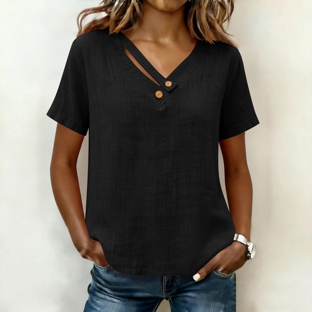 Women's Fashionable Loose-Fit V-Neck Button-Down -Color Casual Blouse