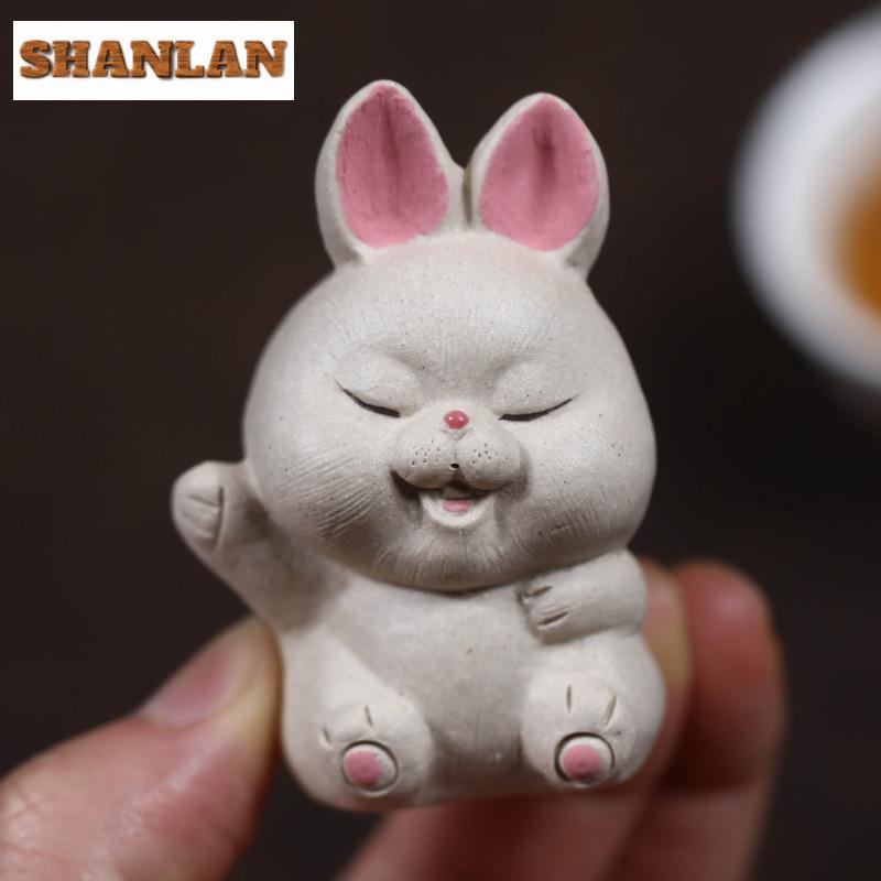 Yixing Zisha Zodiac Lucky Rabbit Tea Pet Ancient Fish Tank Landscaping Tea Figurine Play Toys Tea Statue Ornaments Supplies Gift