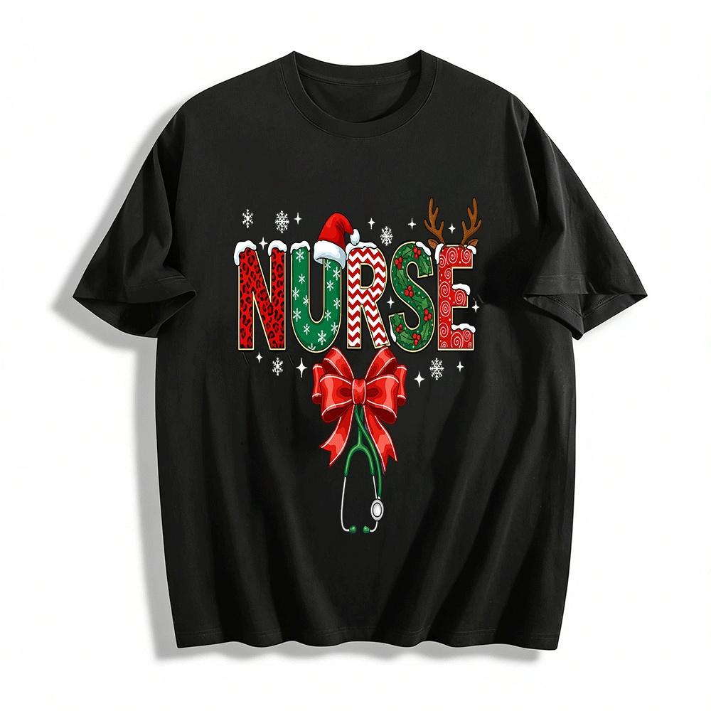 Christmas Nurse Print Top Festive Medical Worker Outfit Pure cotton T-shirt XXS