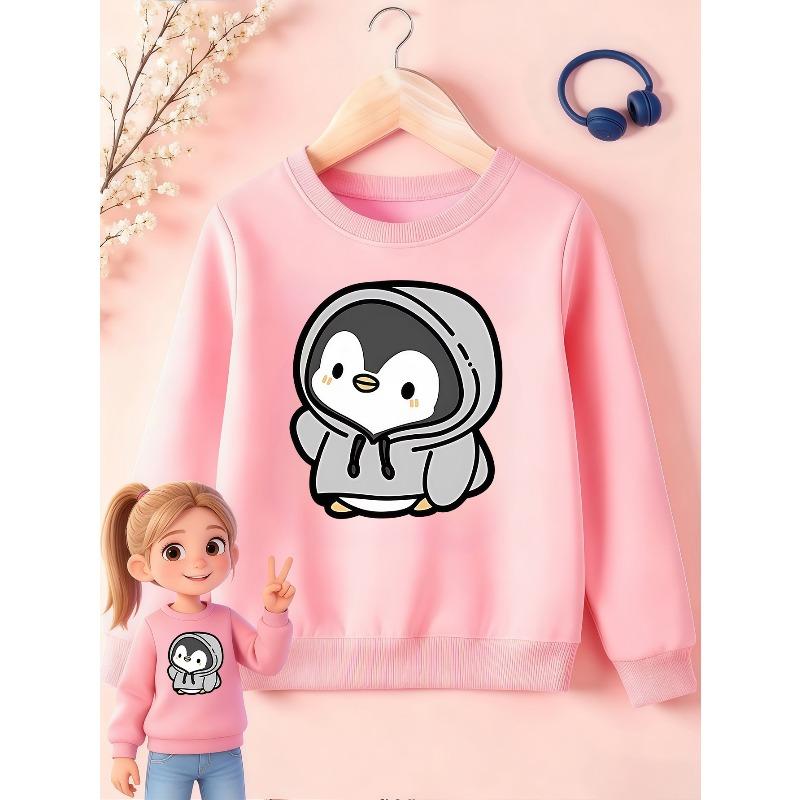 Kids Sweatshirt Print Round-Neck Sweatshirt Featuring a Cute Penguin Cartoon Design , Perfect for Everyday Casual Wear And Versatile Fashion