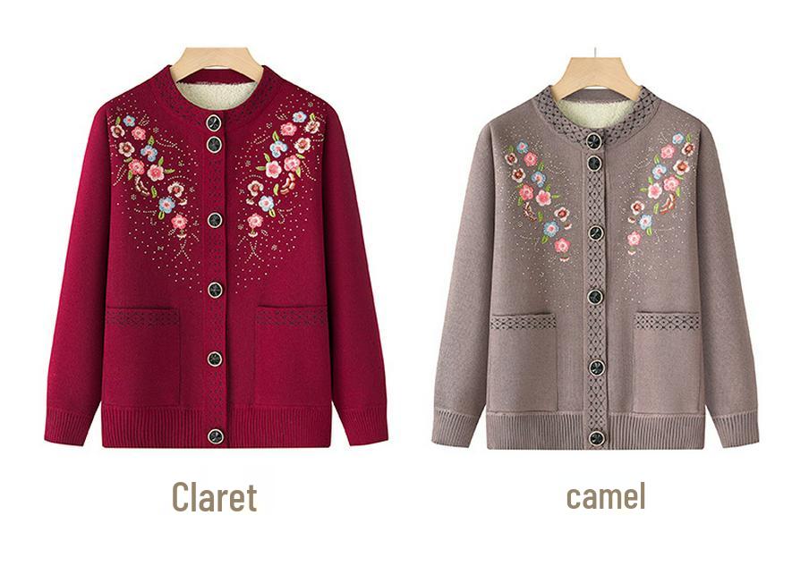 Embroidered Velvet Cardigan for Middle-aged & Elderly Women - Cozy Winter Sweater