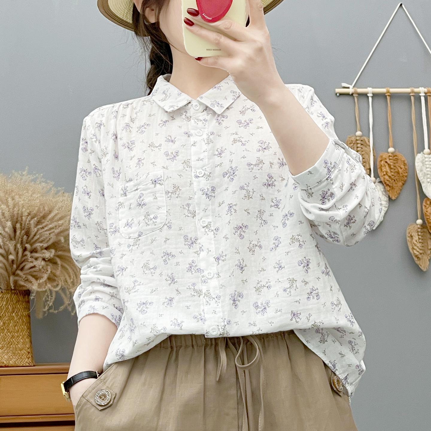 

Women s Retro Floral Double-Layer Cotton Gauze Shirt – Long Sleeve, Soft & Skin-Friendly Pure Cotton Top L (Suitable for 65-75kg)