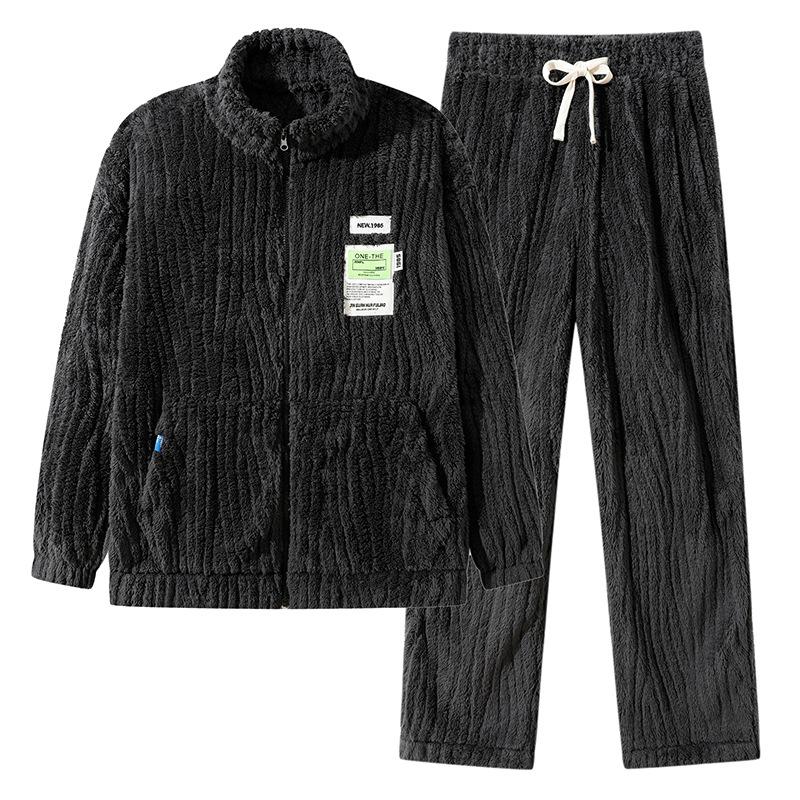 80-140Kg Fattened Plus Size Men'S Casual Cardigan Pajamas Homewear Autumn And Winter Fleece Thickened Two-Piece Set
