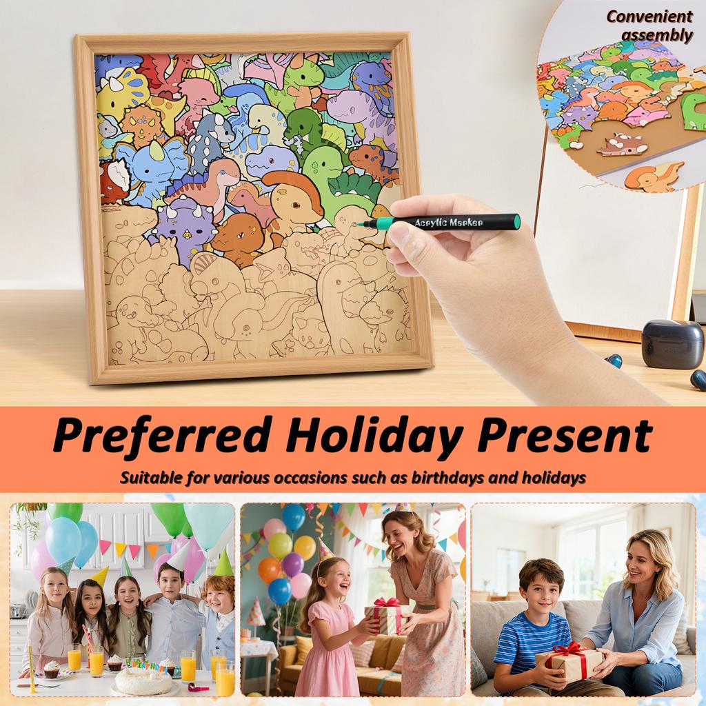 Wooden Coloring Puzzle DIY Doodling Jigsaw Puzzles with 24 Color Marker Pen Dinosaur/Monster Coloring Puzzle for Home Decoration