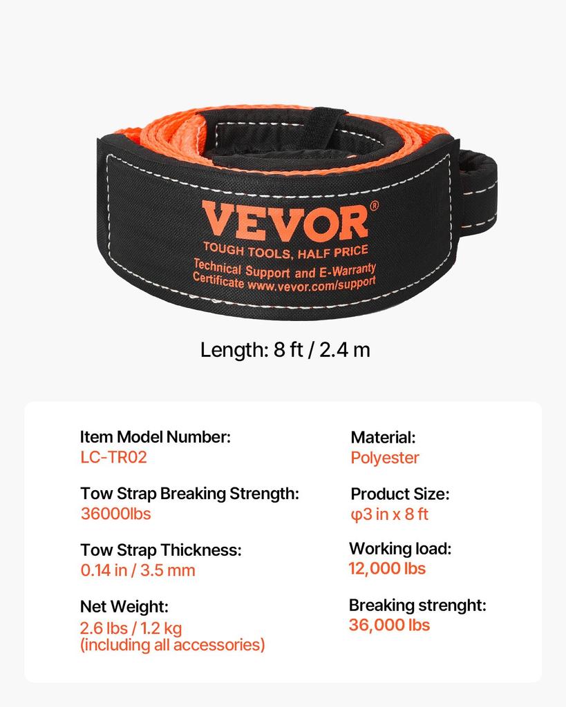 VEVOR Recovery Tow Strap 76.2 Mm, 2.4 M 16329 Kg Break Strength, Triple Reinforced Loop Straps, Tree Saver, Winch Line Extension Strap