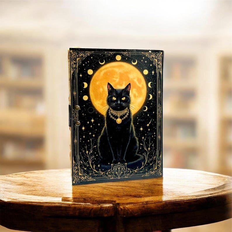 Mystic Black Cat Moon Journal | Gothic Grimoire Diary | Witchy Spell Book | Handmade Lock Journal