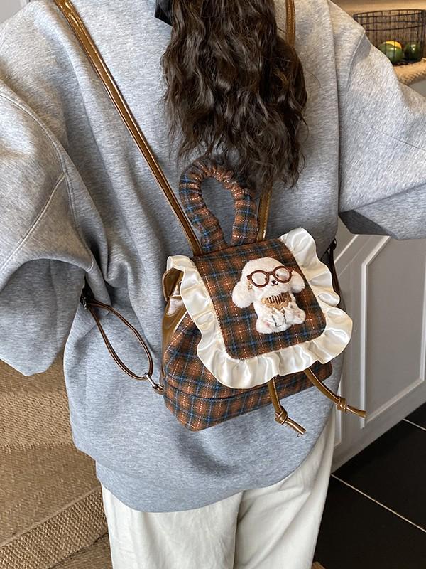 Korean Style Children's Plaid Plush Cartoon Doll Backpack