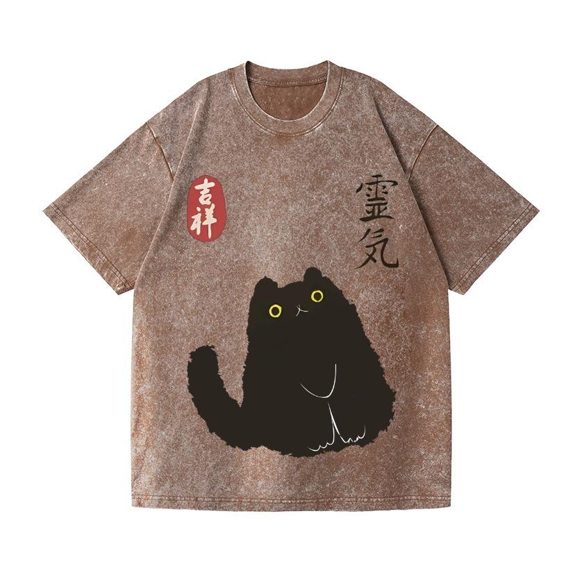 Vintage Lucky Black Cat Japanese Design Wash T-Shirt Fashion Pure Cotton Harajuku Tees Oversized Holiday Kpop Korean Style