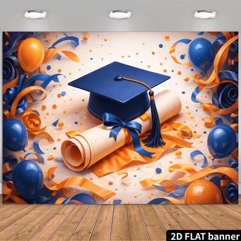 

2D Blue Orange Graduation Backdrop, Cap & Diploma Photography Background 47.2x31.5inch/120*80cm