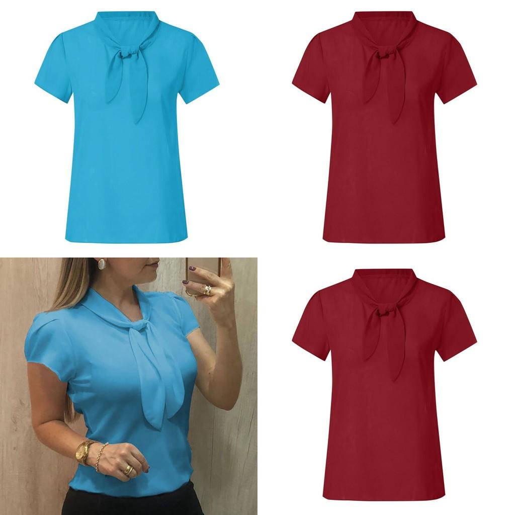 Versatile Fashion Women Short Sleeve Bow Chiffon T Shirt Blouse For Summer Casual Wear