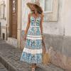 Women's Fashion Summer Spring Flower Pattern Print Sleeveless V-Neck High Waist Casual Dresses
