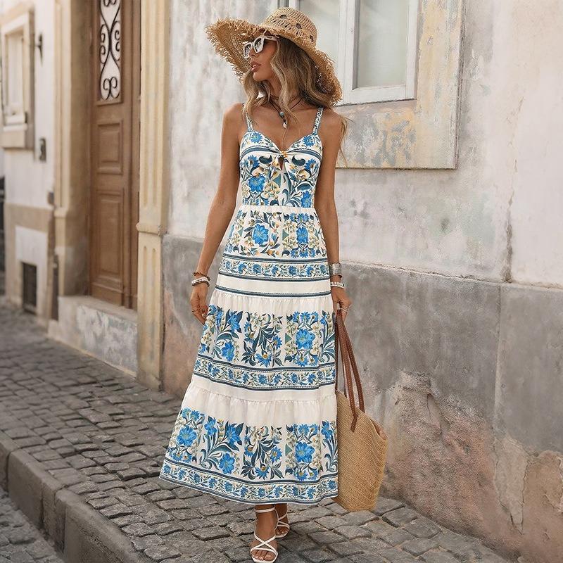 Women's Fashion Summer Spring Flower Pattern Print Sleeveless V-Neck High Waist Casual Dresses