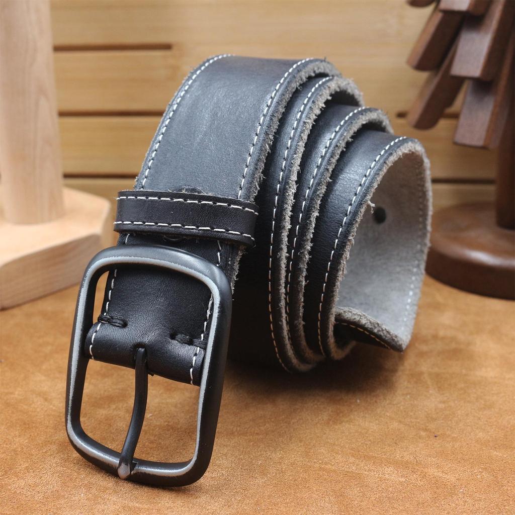 3.8CM Men's Retro Leather Belt, Distressed Stitch, Genuine Cowhide, Pin Buckle, Korean Style Casual Denim Waistband