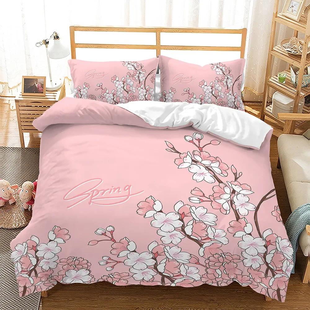 Cherry Blossoms Duvet Cover King/Queen Size,Japanese Sakura Tree Pink Floral Spring Vintage Cultural Bedding Set For Women Girls