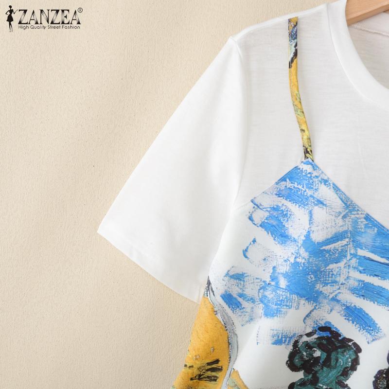 ZANZEA Women Casual Round Neck Loose Short Sleeve Patchwork T-Shirts