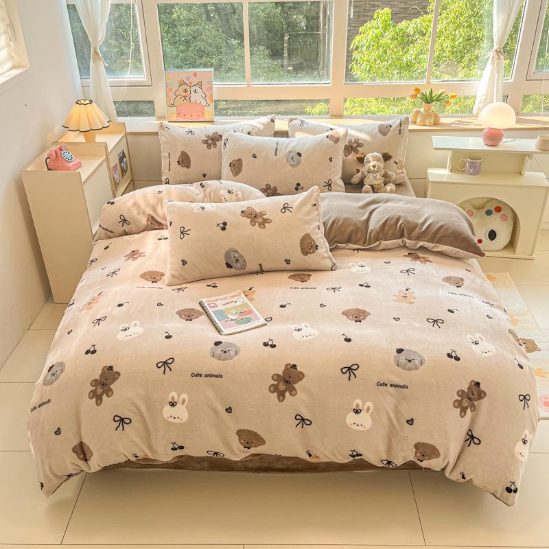 Milk Velvet Cute Printed Bed Sets Thick Autumn and Winter Plush Bedding Set for Single Queen Soft Keep Warm Duvet Cover Kit