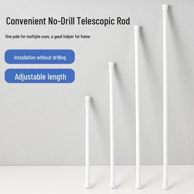 White No-Drill Telescopic Curtain Rod & Hook Set for Kitchen, Bathroom, or Cabinet