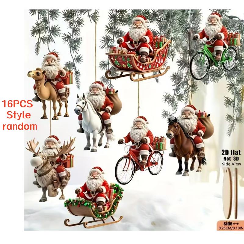 

16-Piece Set of 2D Flat-Style Random Wooden Santa Claus Ornaments, Personalized Creative Christmas Tree Decorations, Party Decorations,
