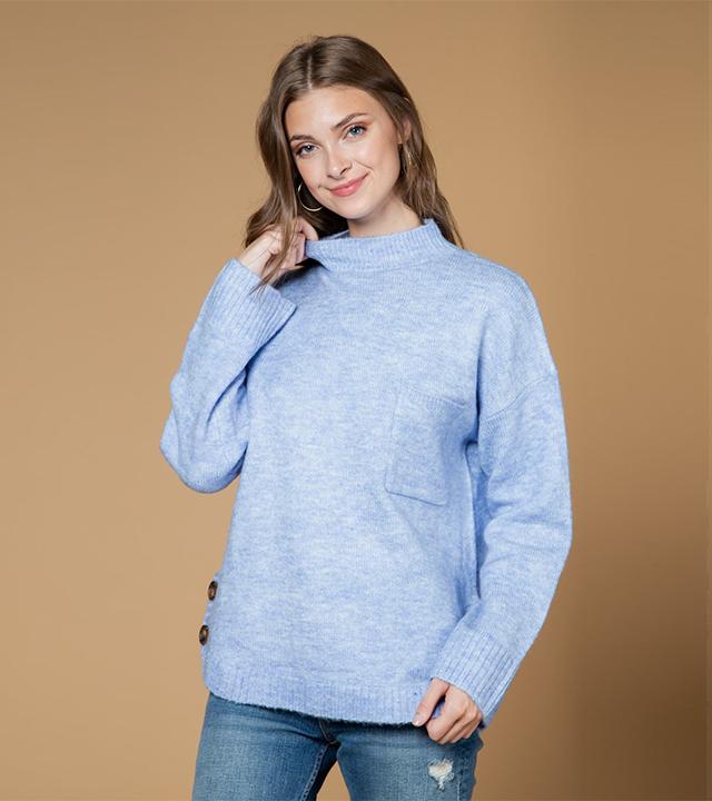 NEWIN Loose Fit Button Mock Neck Long Sleeve Knit Sweater
